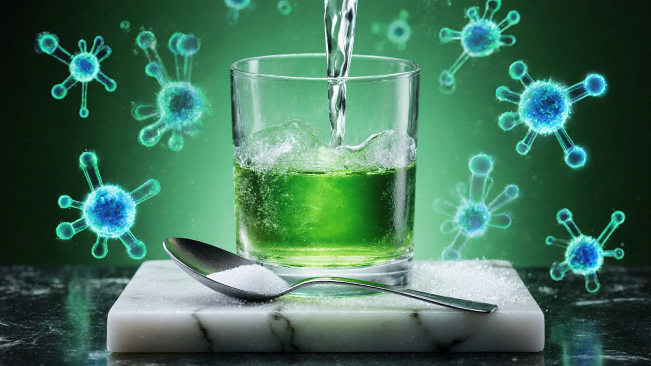Detailní záběr na sklenici absintu, cukrovou lžičku a vodu, okolo plavou modrozelené thujonové molekuly.
