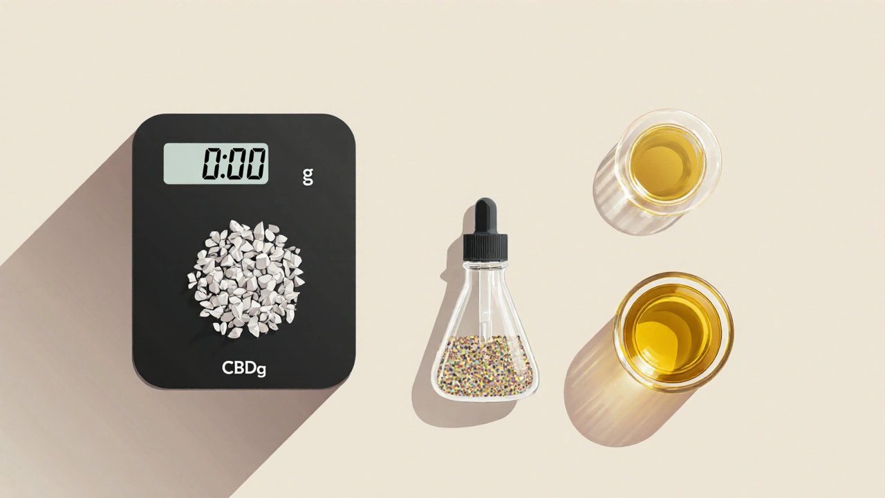 Digitální váha s 0,01 g, hromádka CBD krystalů, kapátko a skleněná kapka oleje ve stylovém flat lay.