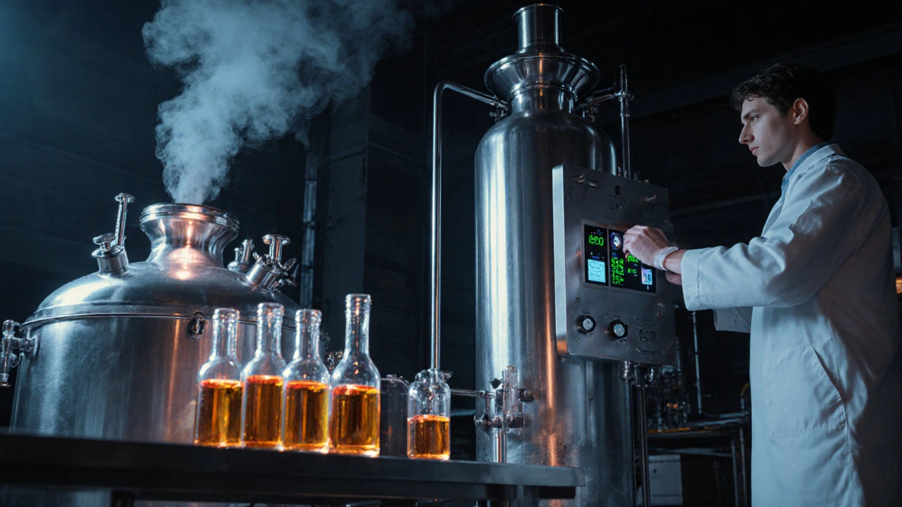 Laboratorní scéna CO₂ extrakce CBD s viditelnými terpenovými páry.