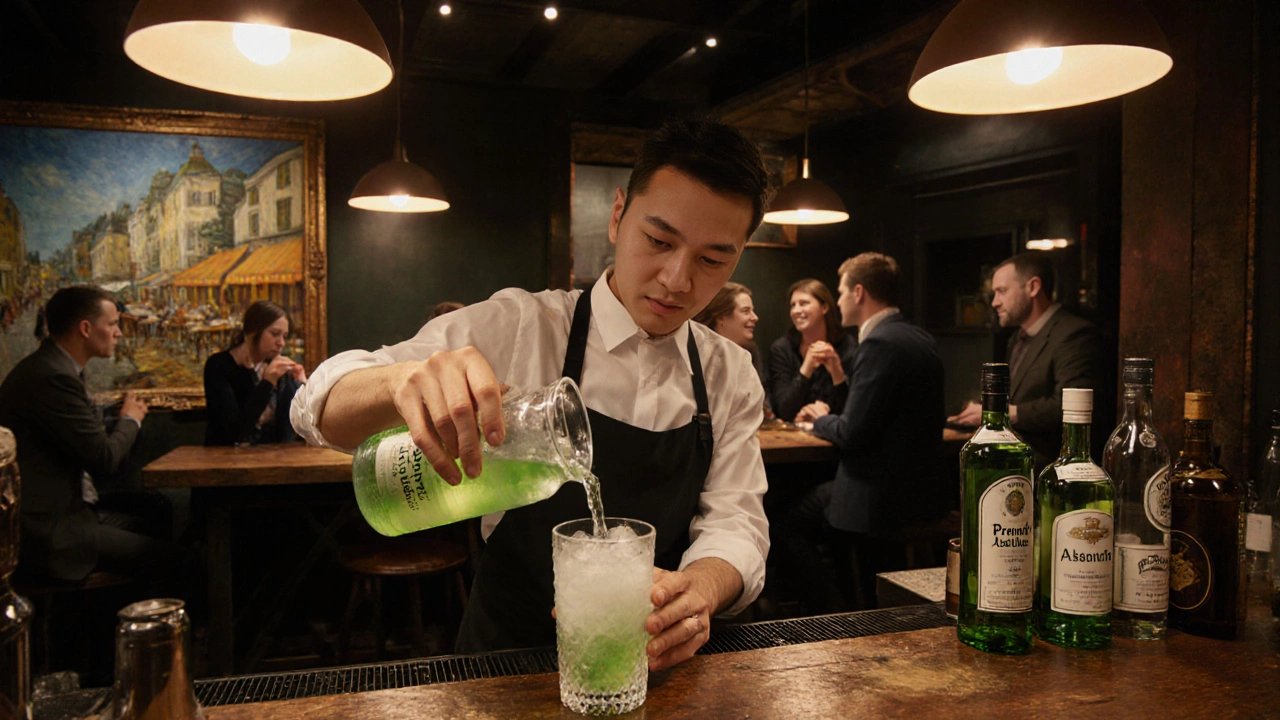 Moderní bar s bartendem, který připravuje absint, dopad vody mění nápoj na mléčnou barvu.
