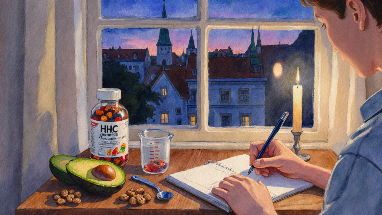 Osoba zapisuje do deníku, s gummies, avokádem a ořechy v pokojovém světle.
