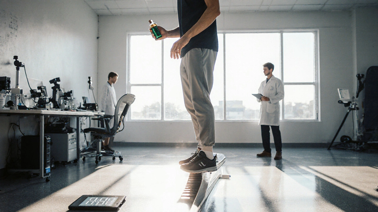 Sportovec provádí rovnovážný test s CBD olejem v laboratoři.