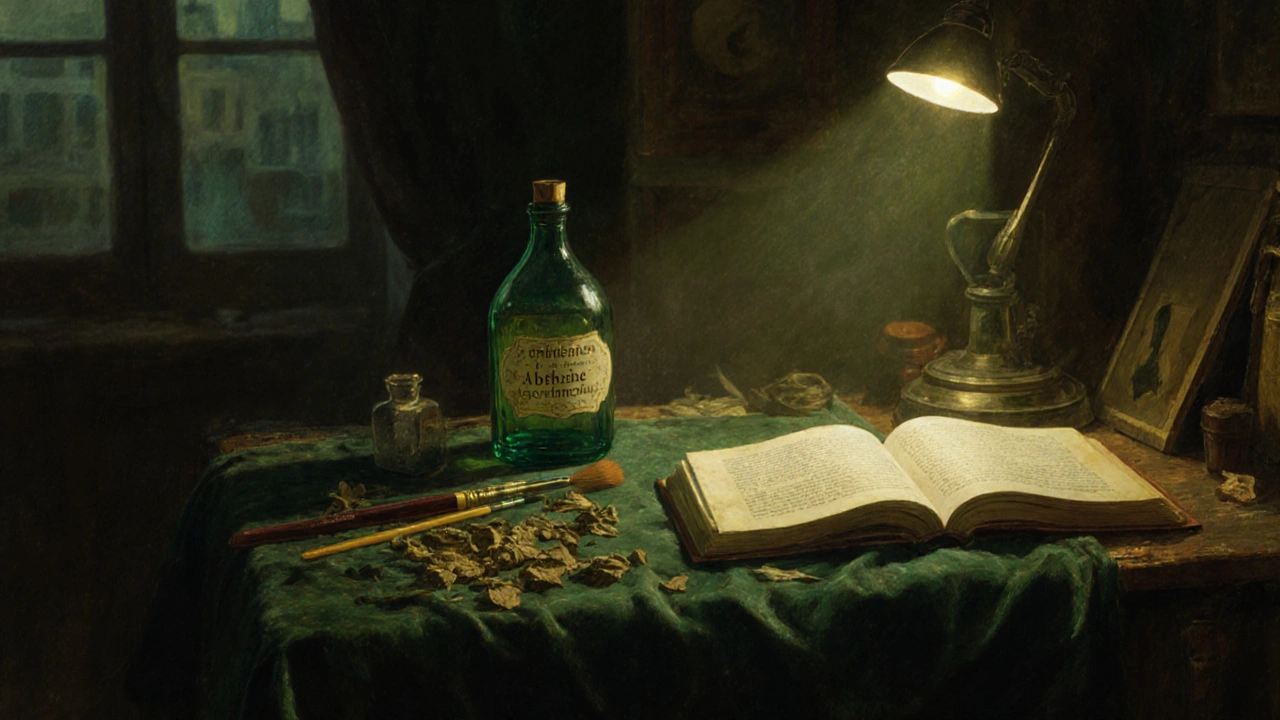 V 19. století pařížském ateliéru na stole stojí láhev absintu, listy třezálky a kreslící potřeby v měkkém světle.