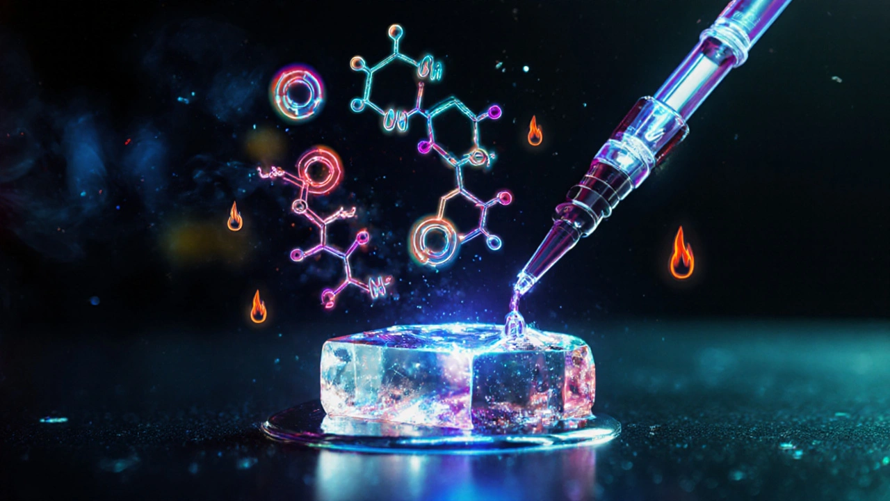 Zvětšený pohled na zahřívající se CBD shatter, ukazuje molekuly kanabinoidů, terpenů a aldehydů.