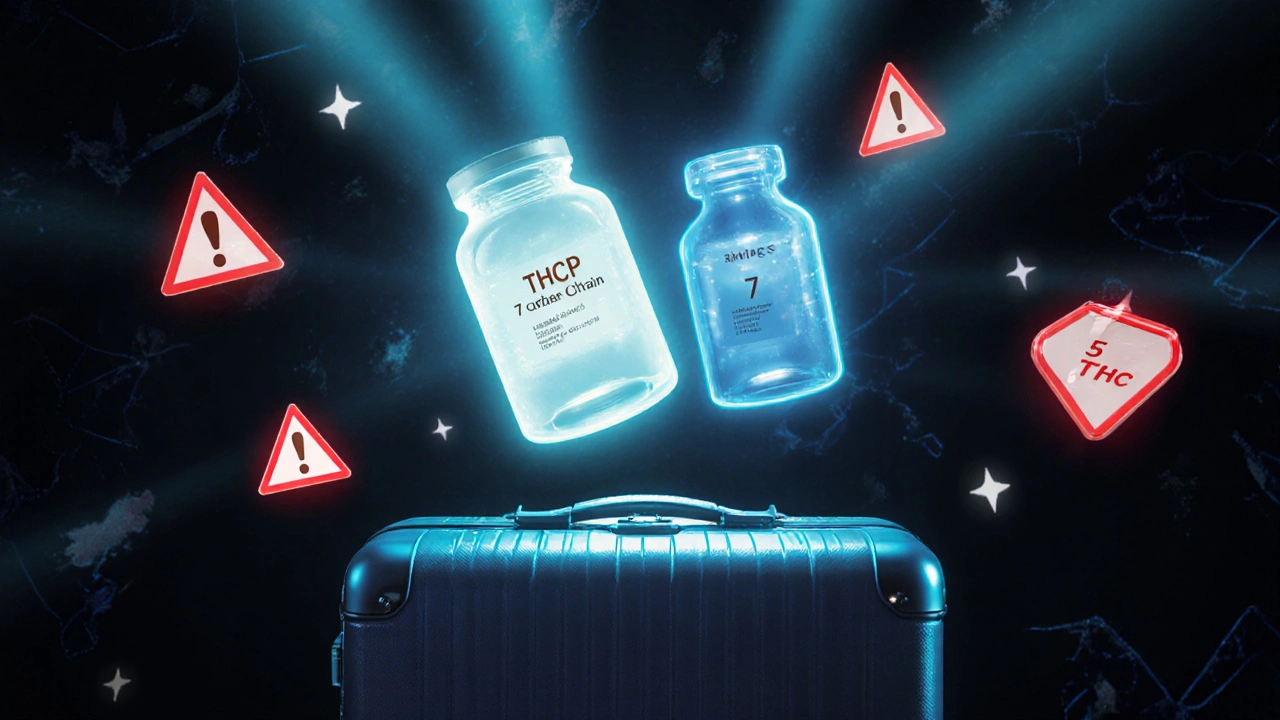 Glowing 7-členný řetězec THCP vs. 5-členný THC nad kufr s varovnými symboly.