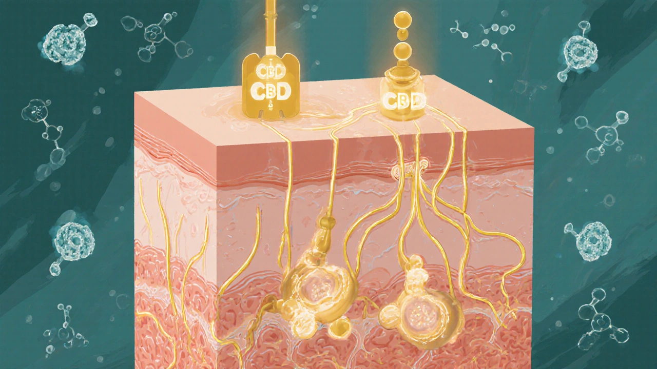 Ilustrace endokanabinoidních receptorů v kůži interagujících s CBD molekulami.