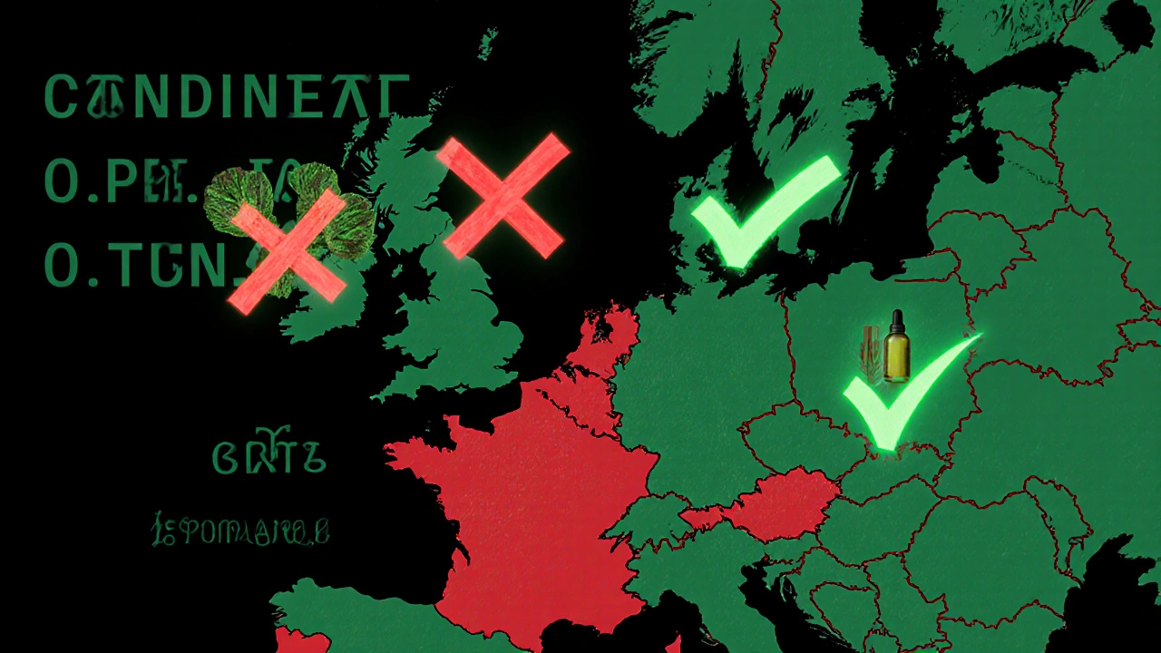 Mapa Evropy s označenými bezpečnými a zakázanými zeměmi pro CBD květy, vedle nich CBD olej a kapsle.