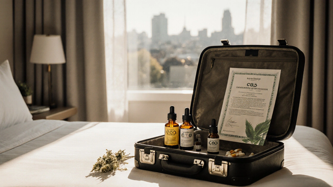 Otevřený kufřík v hotelovém pokoji s CBD olejem, kapslemi a certifikátem, světlo z okna.