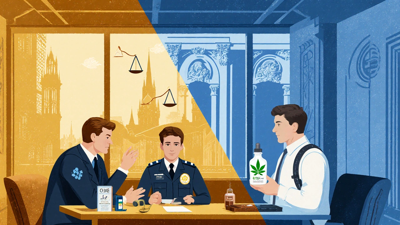 Rozdělená scéna: policejní dotazování vs. klidný cestující s CBD.