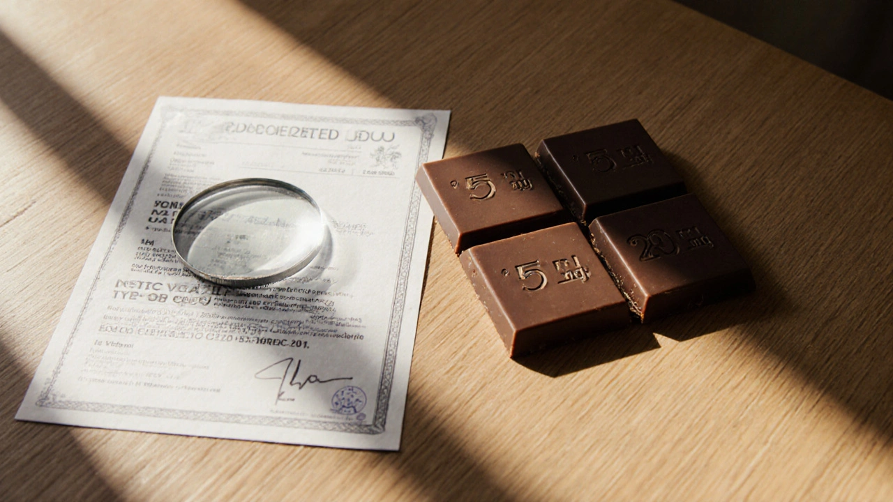 Rozlomená CBD čokoláda s označenými dávkami a laboratorním certifikátem.