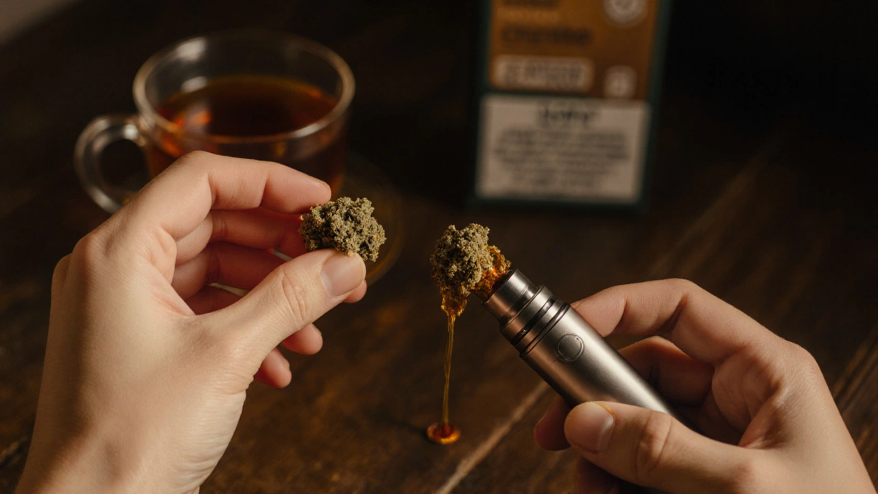 Ruka drží kousek CBD crumble mezi prsty, vedle je parník, přírodní osvětlení.