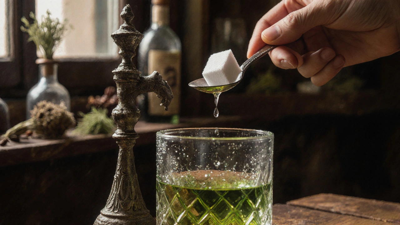 Ruka klade krychličku cukru na lžíci nad sklenicí absintu, voda kapá a nápoj se začíná měnit.