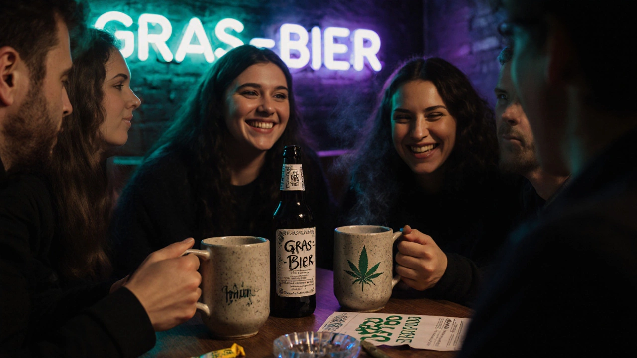 Skupina mladých lidí se směje nad láhvemi 'Gras-Bier' v německém klubu s neonovým osvětlením.