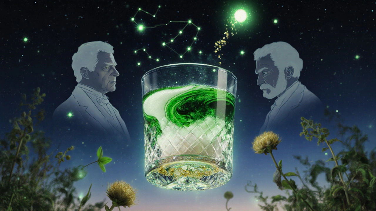 Surreální scéna absintu, který se proměňuje v mlhavý zářivý oblak s postavami umělců kolem.