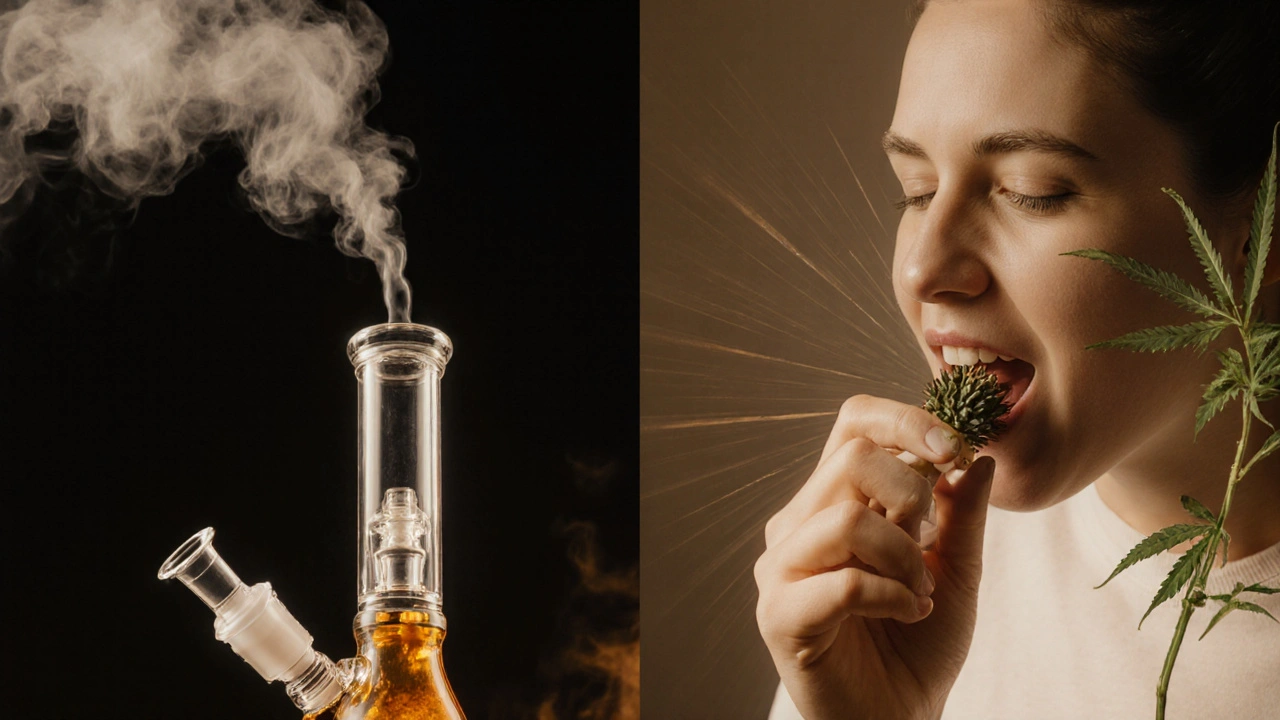 Vlevo se vosk vypařuje, vpravo crumble vstřebává pod jazyk – symbolizuje různé způsoby užívání.