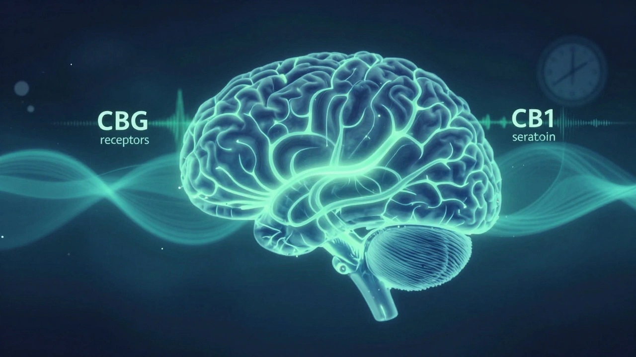 Abstraktní mozek s glowing neurony a cirkadiánním rytmem, symbolizující účinek CBG na spánek.
