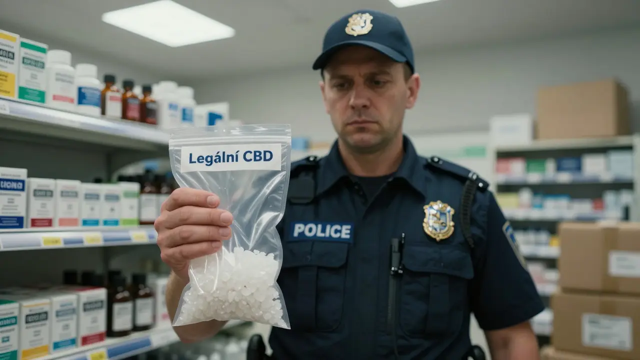 Český policista drží důkaz syntetických CBD krystalů vedle legálních produktů.