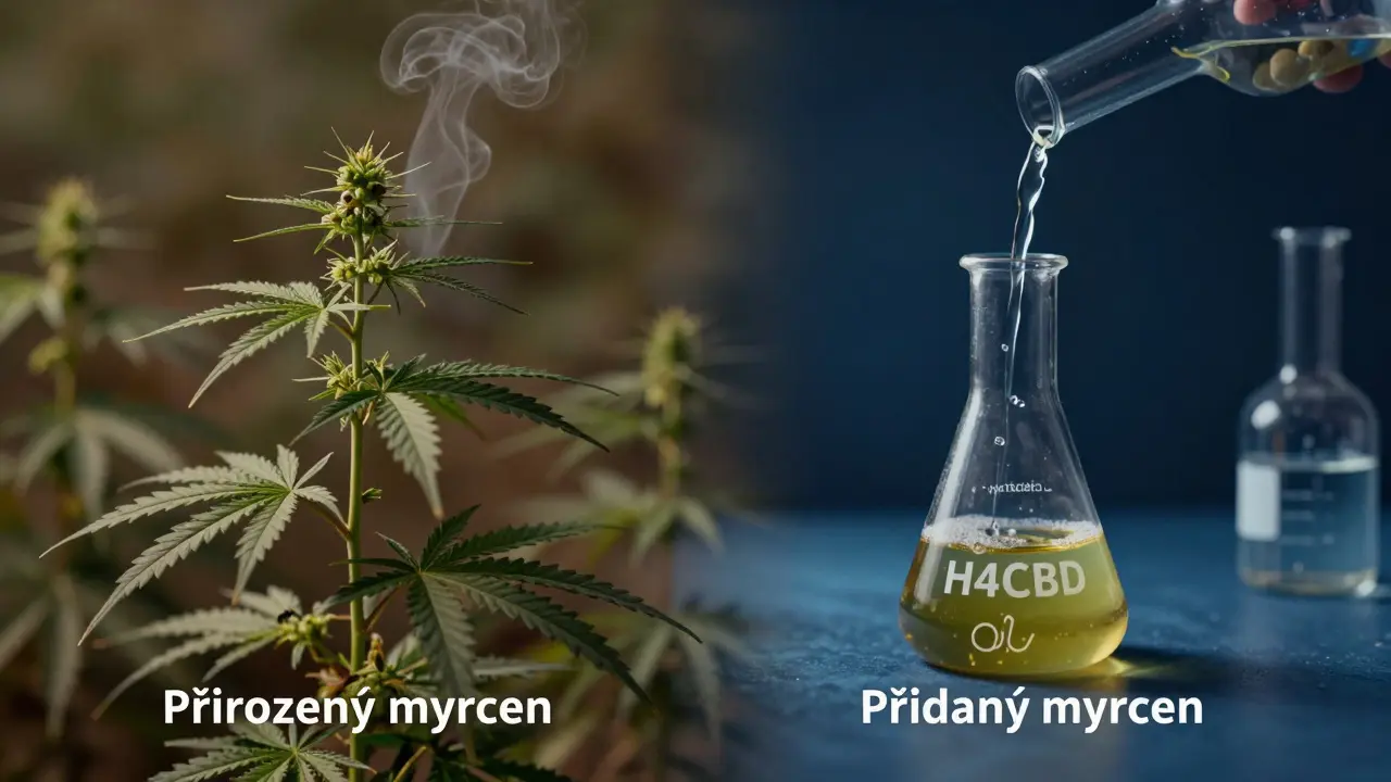 Konceptuální scéna: přirozené konopí na jedné straně, laboratorní reakce na druhé, oddělené právní hranicí.