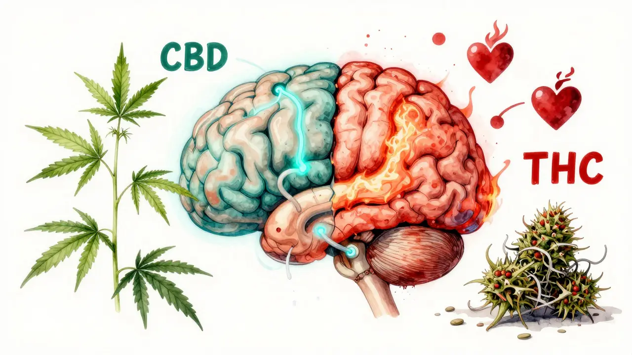 Kresba lidského mozku s dvěma cestami: klidná modrá pro CBD a agresivní červená pro THC.