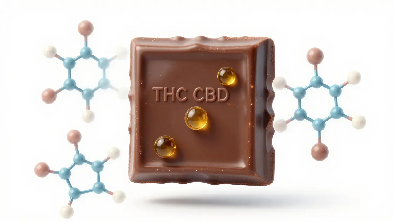 Průhledná čokoláda s viditelnými molekulami THC a CBD v nitru.