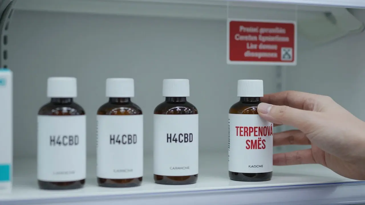 Regálová display tří lahviček H4CBD, jedna s červeným varováním, ruka se dotýká bezpečné varianty.