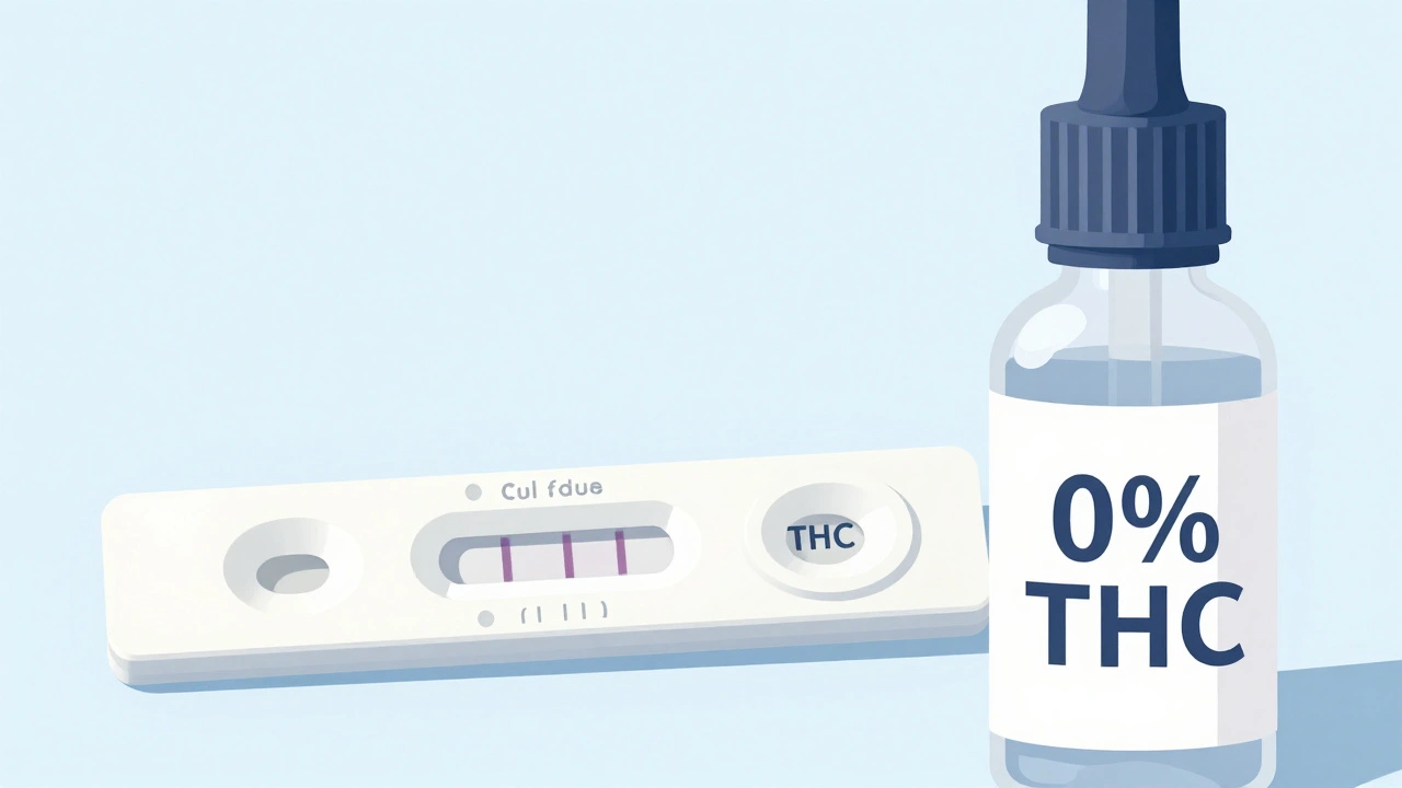 Test na drogy s jednou slabě pozitivní čárou vedle láhve izolovaného CBD s nulovým THC.