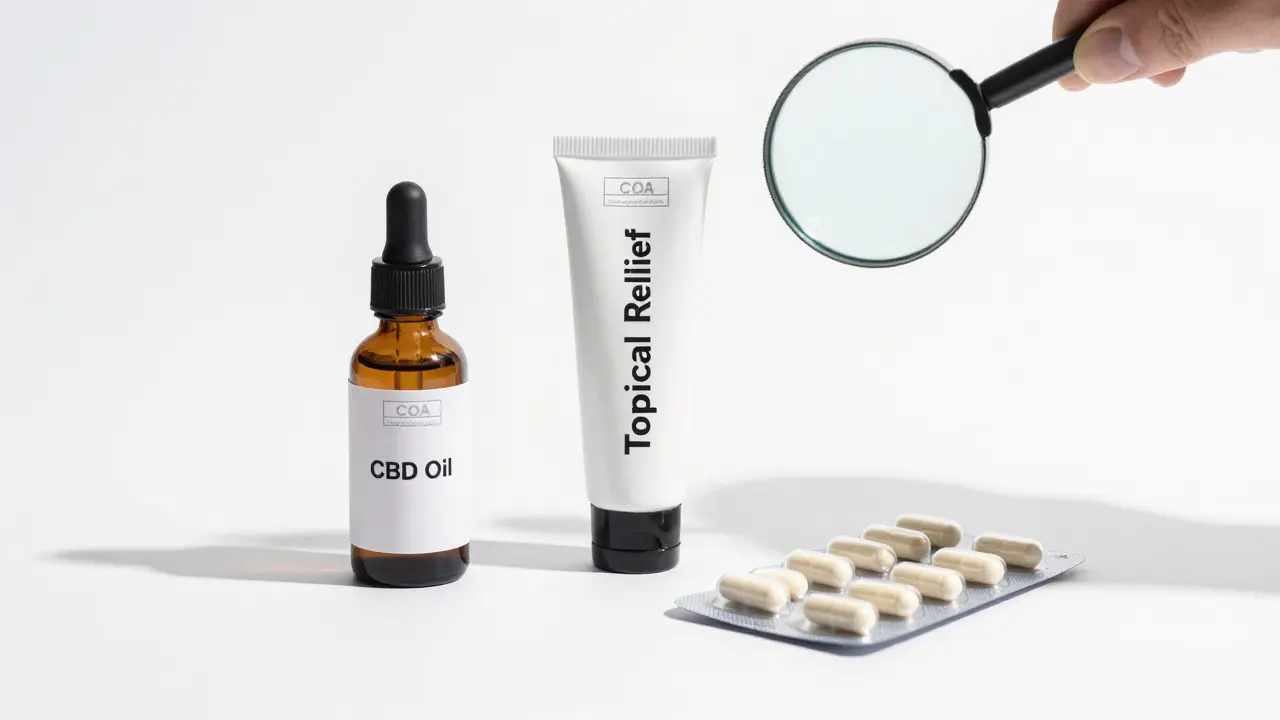 Tři certifikované CBD produkty s viditelnými COA štítky na bílém pozadí.