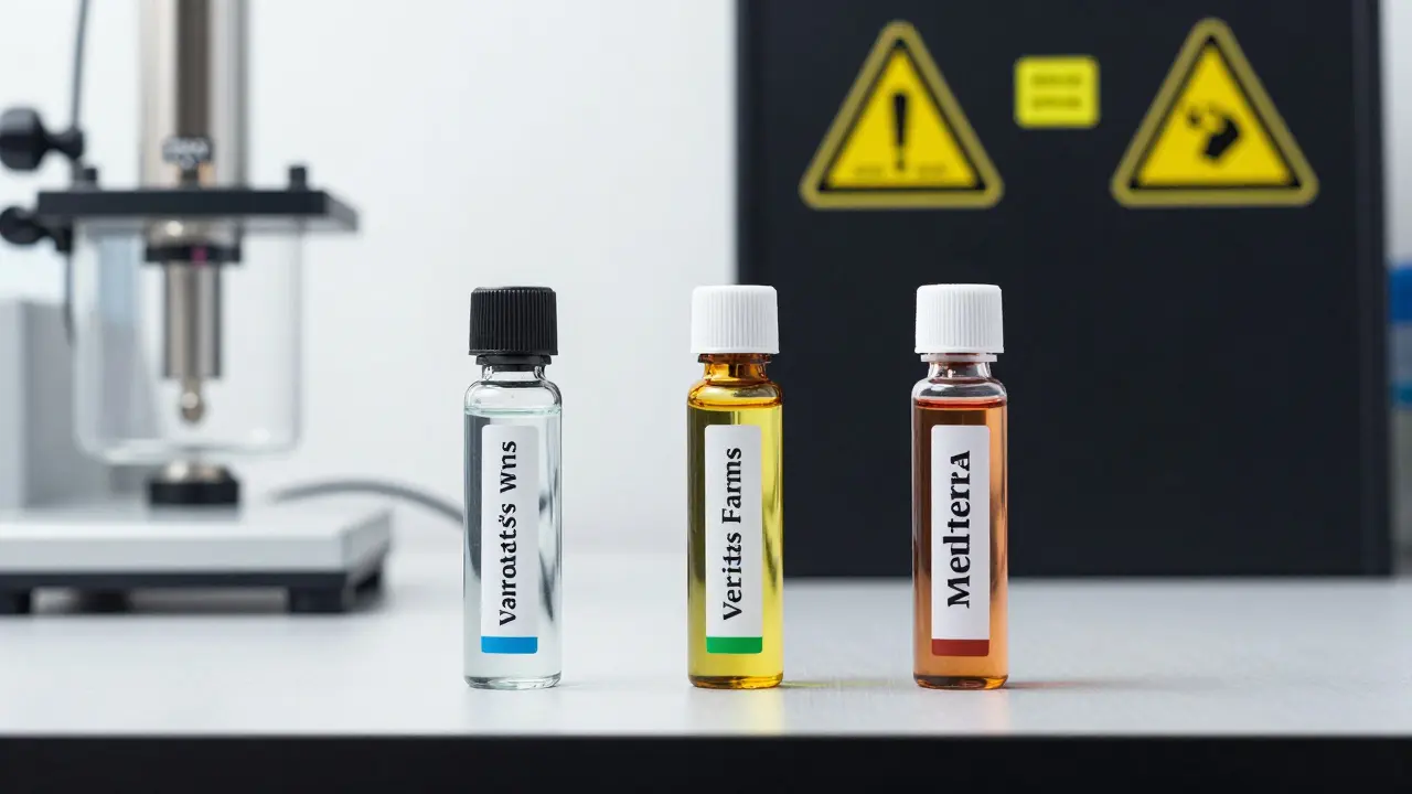 Tři značky CBD vape na laboratorním stole s odlišnými pozadími: čisté vs. nebezpečné.