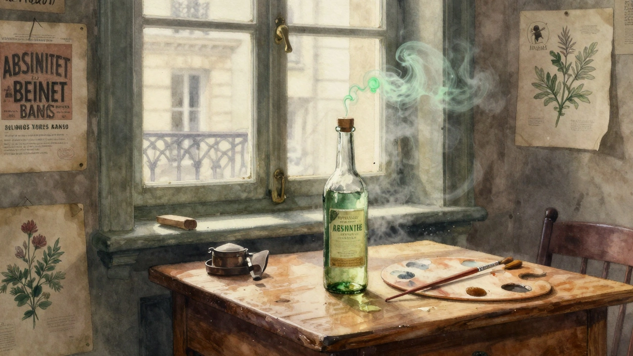 Vodová malba 19. stoletího ateliéru s lahví absintu a malířskými potřebami, jemná zelená mlha se vinou kolem.