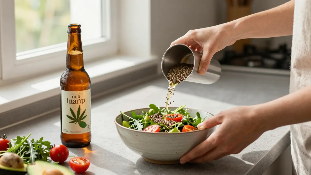 Žena připravuje salát s konopnými semínky v moderní kuchyni, pivo na pozadí.