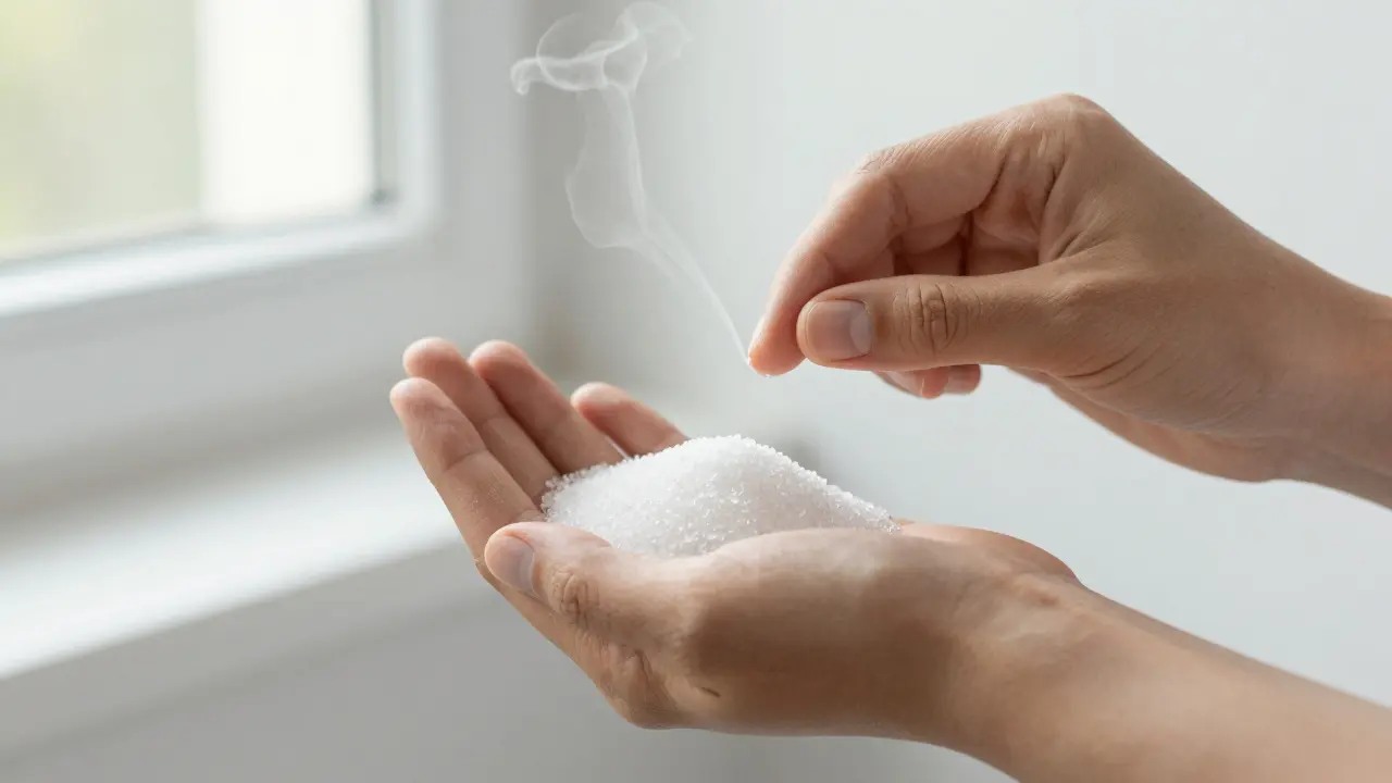 Bílé CBD krystaly a jemná pára v rukou přirozeném osvětlení.