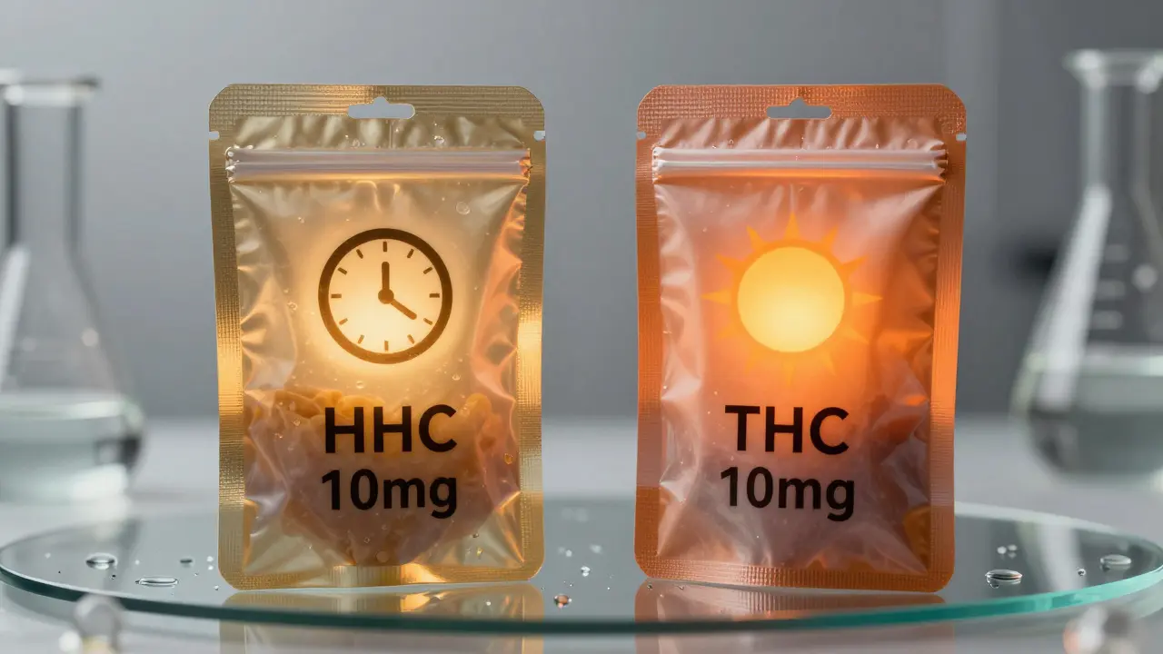 Dva balíčky edibilí vedle sebe: HHC s stabilním světlem a THC s blednoucím světlem