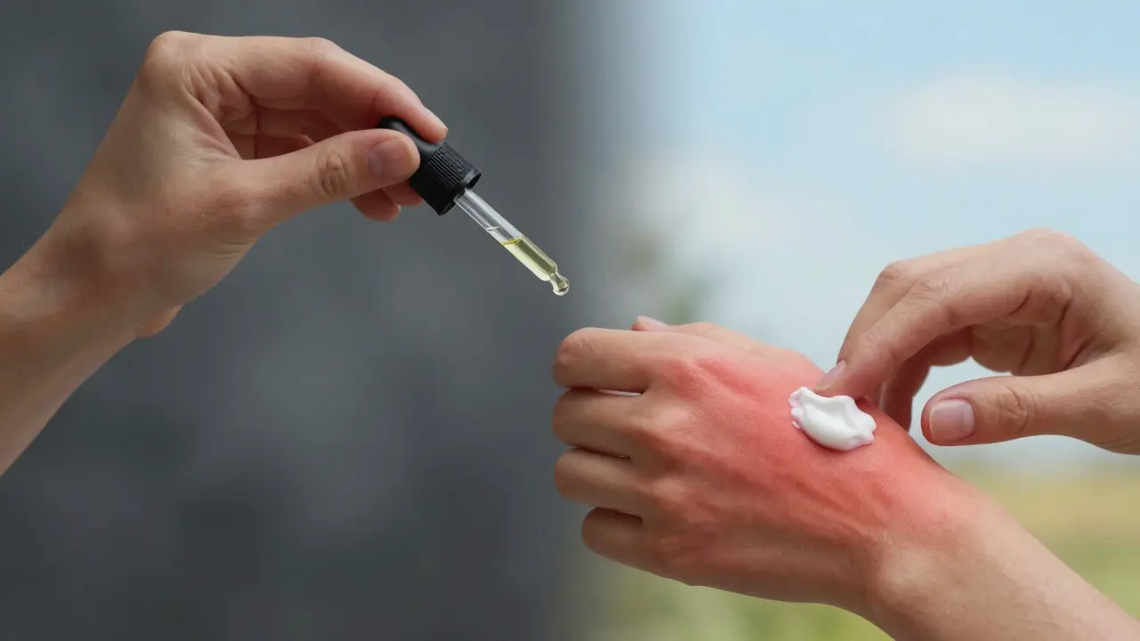 Dvě ruce ukazují rozdíl mezi orálním a topickým použitím CBD.
