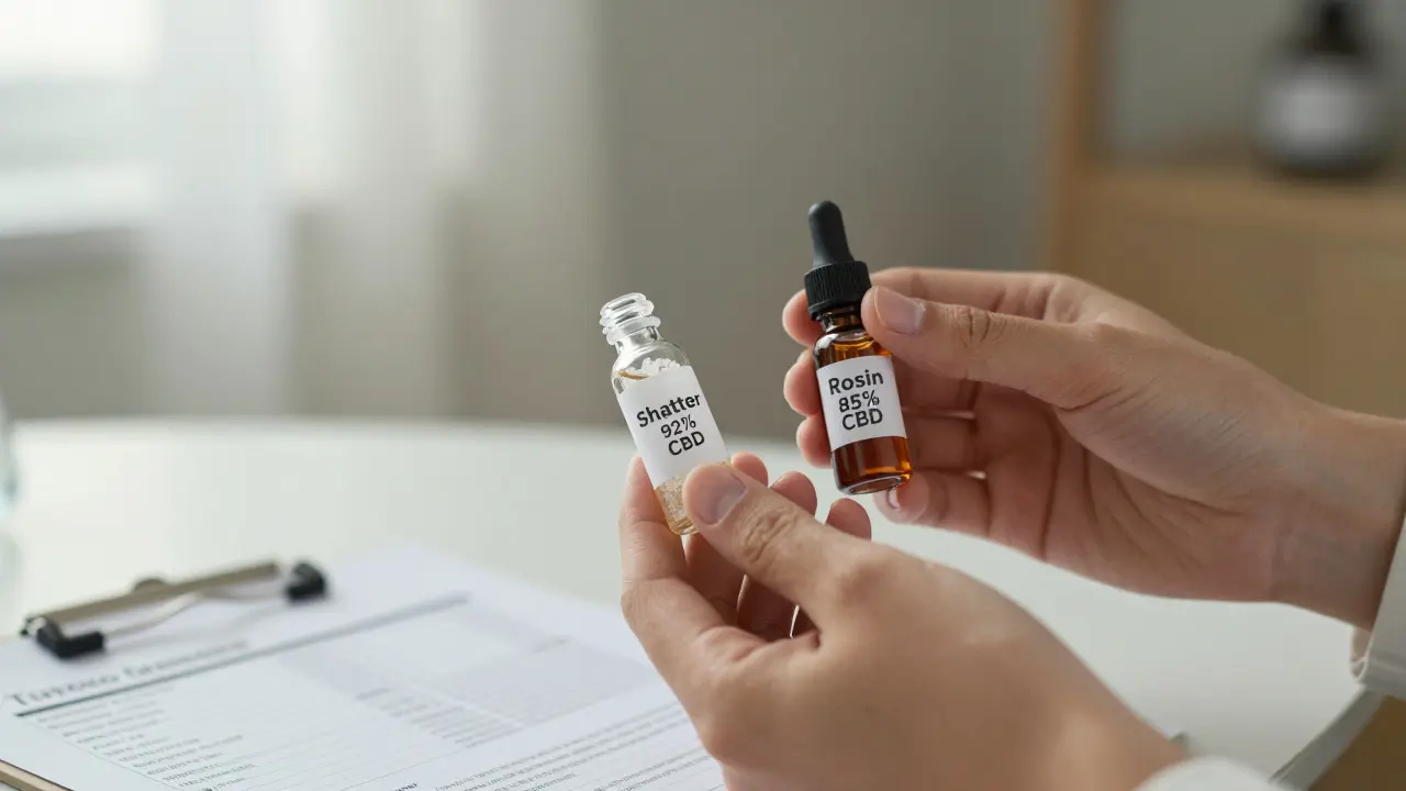 Dvě skleněné lahvičky s koncentráty shatter a rosin na stole s laboratorním výsledkem.