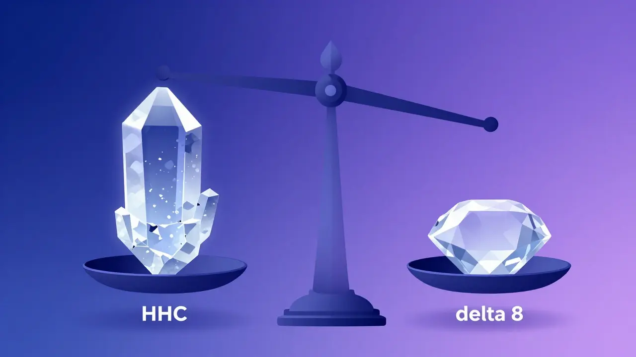 Váha s HHC a delta 8 v podobě křehkého krystalu a pevného diamantu v tónovém pozadí