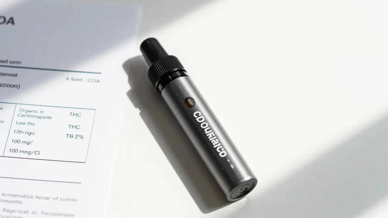 Čistý CBD vape s certifikátem čistoty a koncentrací na bílém pozadí.