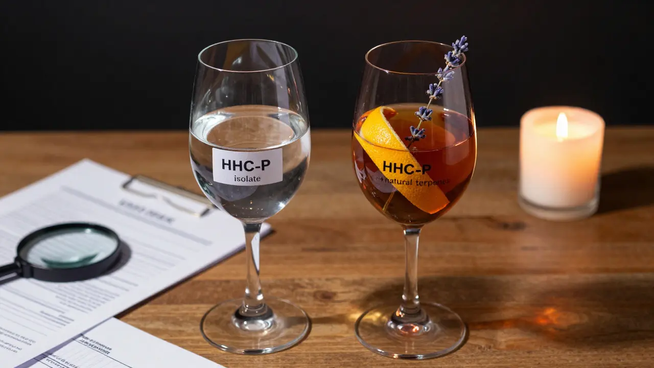 Dva poháry: čistý HHC-P vs. HHC-P s přírodními terpeny a citrusovou kůrou.
