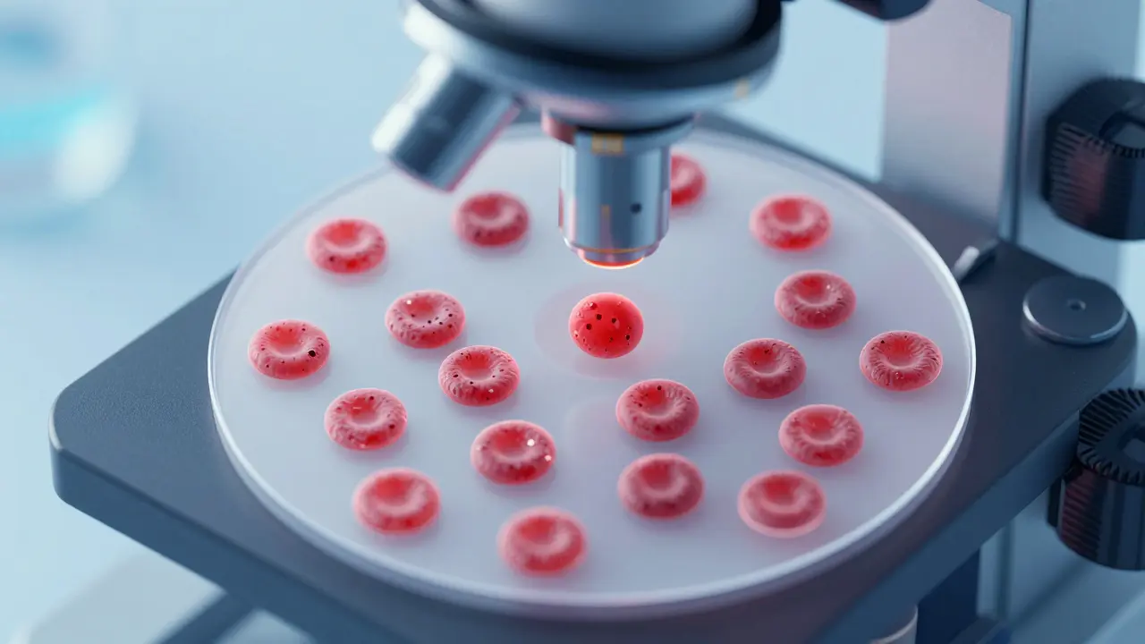 Mikroskopický pohled na THC metabolity v krvi, CBG není součástí testu.