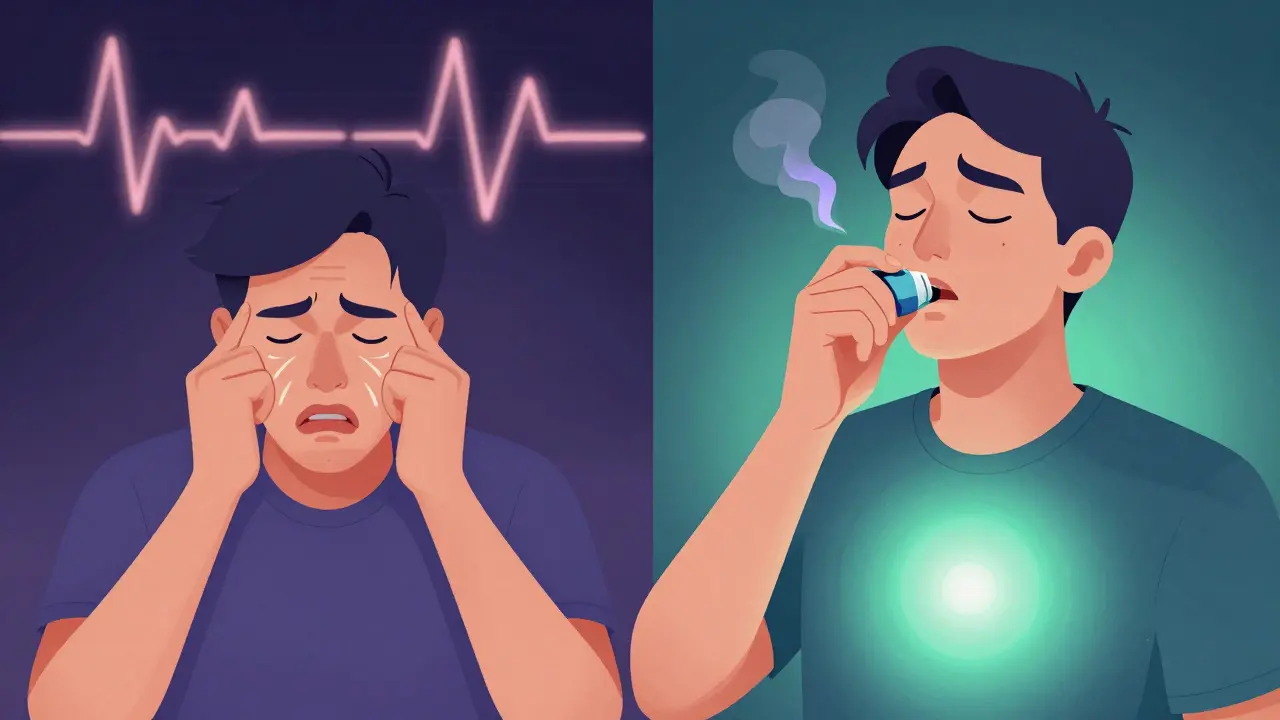 Porovnání panického útoku a klidu po použití CBD vape s barvovým symbolismem.