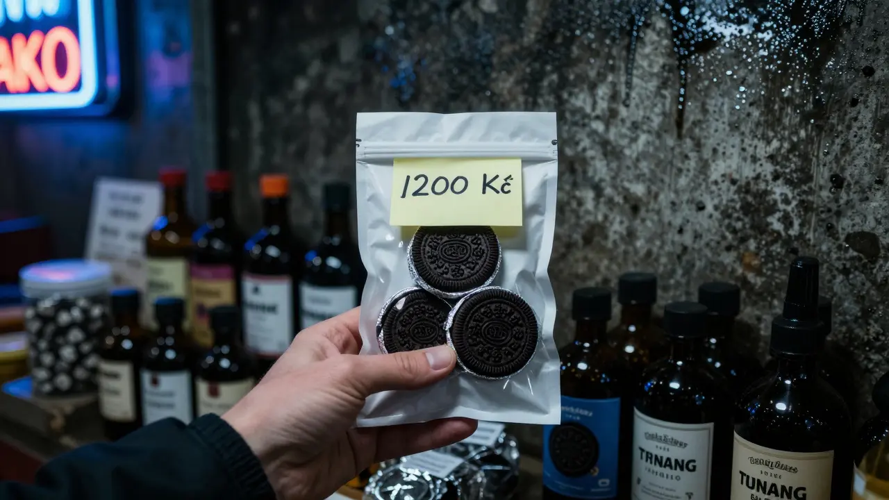 Ruka nabízí neoznačené sušenky na černém trhu v Praze, cena 1200 Kč na štítku.