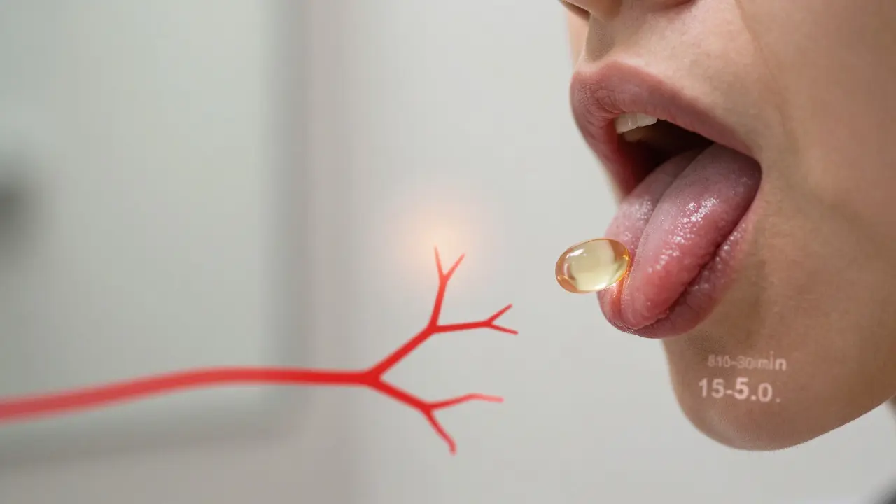 CBD žvýkačka pod jazykem, s částicemi se blížícími k cévám, ve světle koupelny.