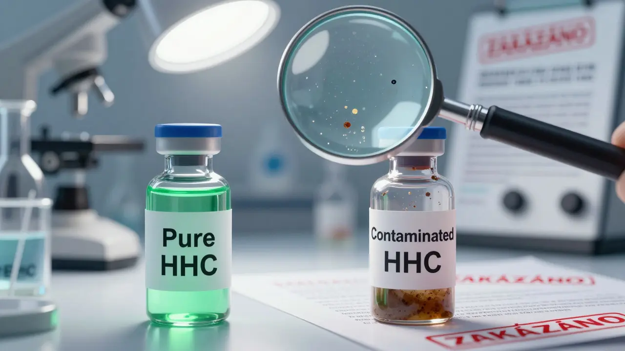 Dvě laboratorní lahvičky: čistý HHC a kontaminovaný HHC s nečistotami pod lupou.