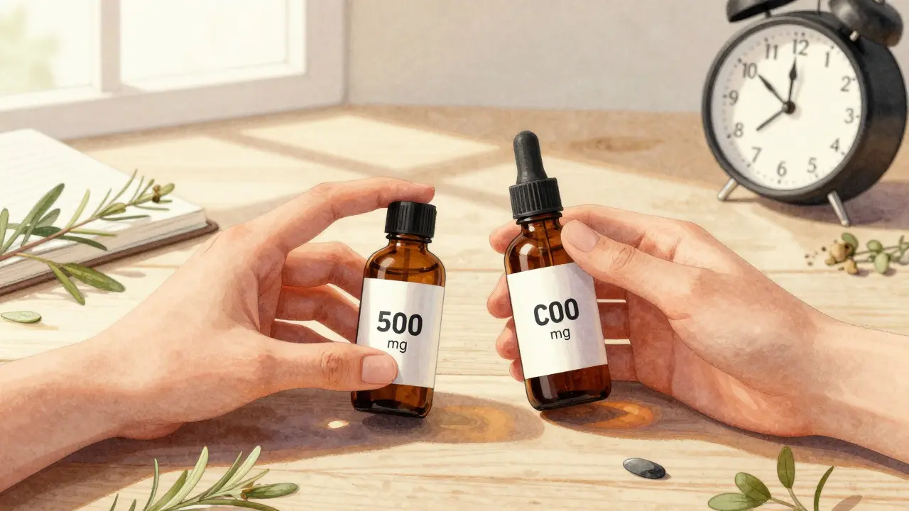 Dvě lahvičky CBD oleje o koncentraci 500 mg a 1000 mg na dřevěném stole.