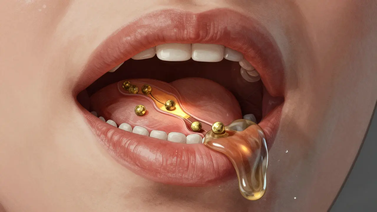 Křížový řez ústní dutiny ukazující vstřebávání nanodisperzního CBD do krevních cév.