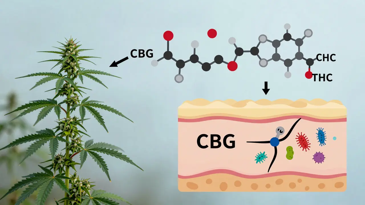 Vědecká ilustrace molekul CBG, CBD a THC s přeměnou CBGA v rostlině konopí a účinkem na kůži.