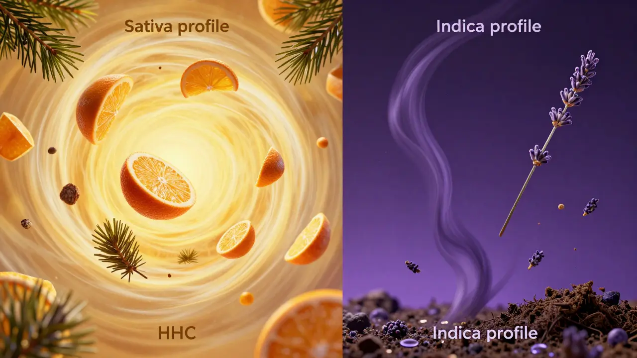 Abstraktní znázornění energického sativového a relaxačního indica profilu terpenů.