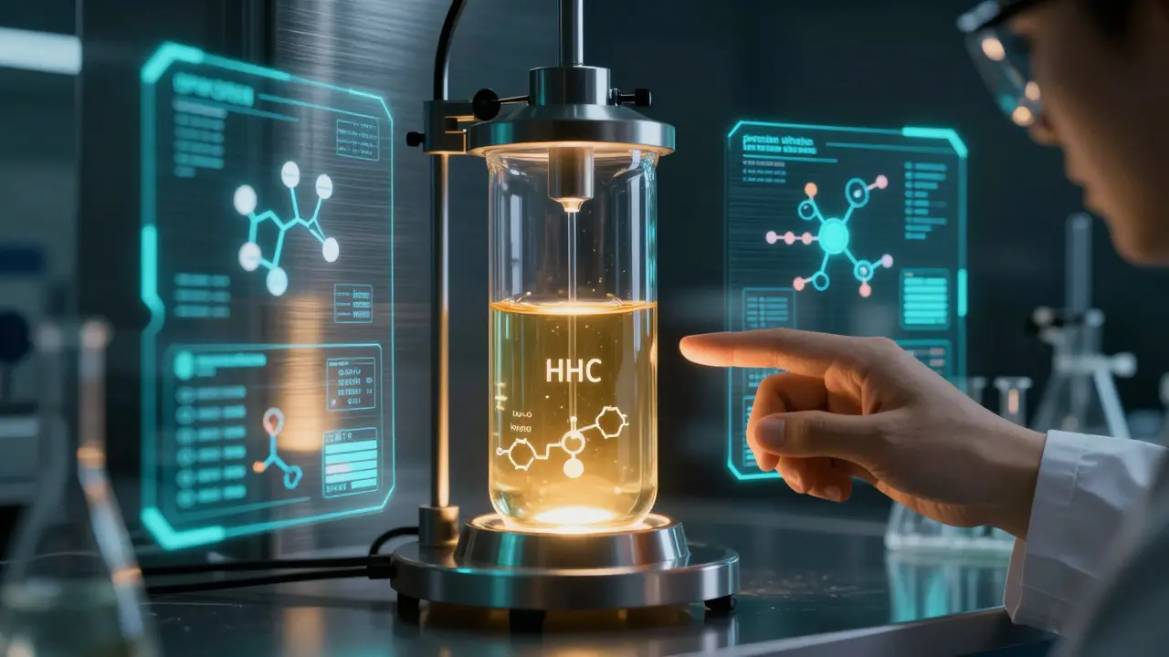 Futuristická laboratoř s golden HHC distilátem a holografickými daty o složení.
