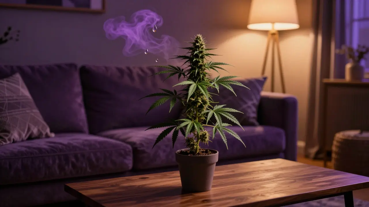 Kompaktní planta indica v útulném obývacím pokoji s hřejivým osvětlením.