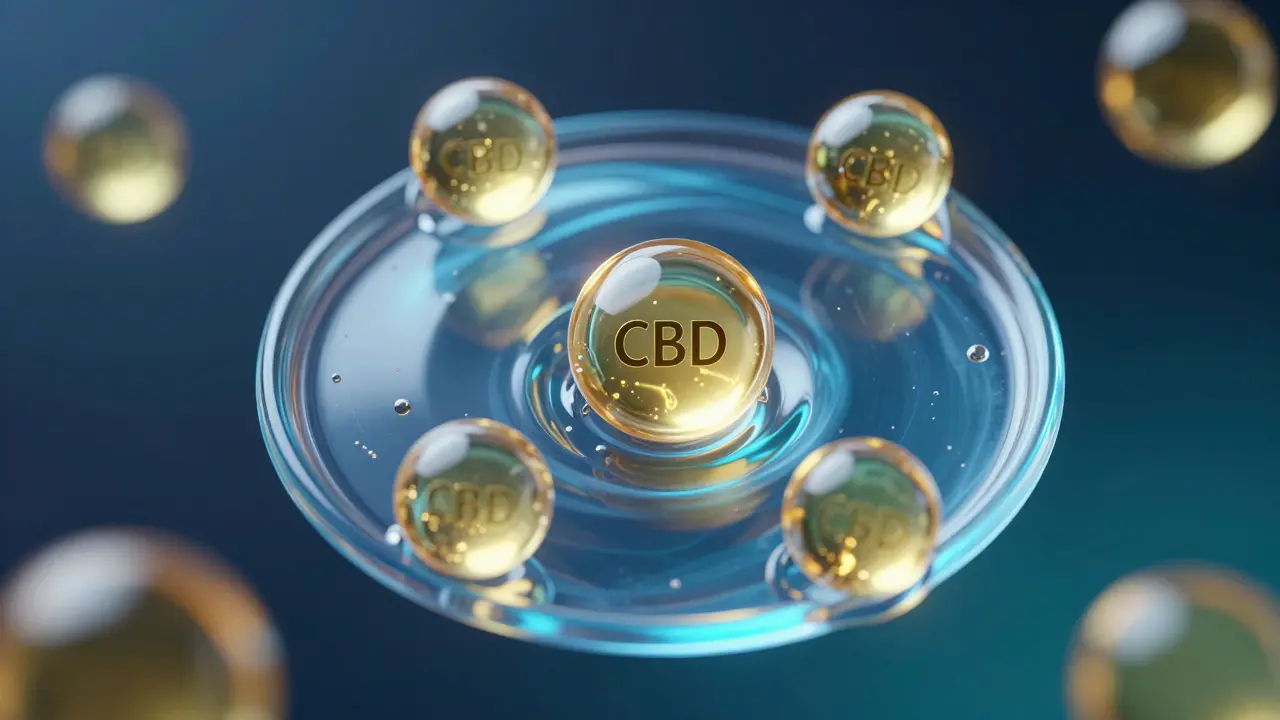 Konceptuální 3D vizualizace nanoemulze CBD v tekuté formě.