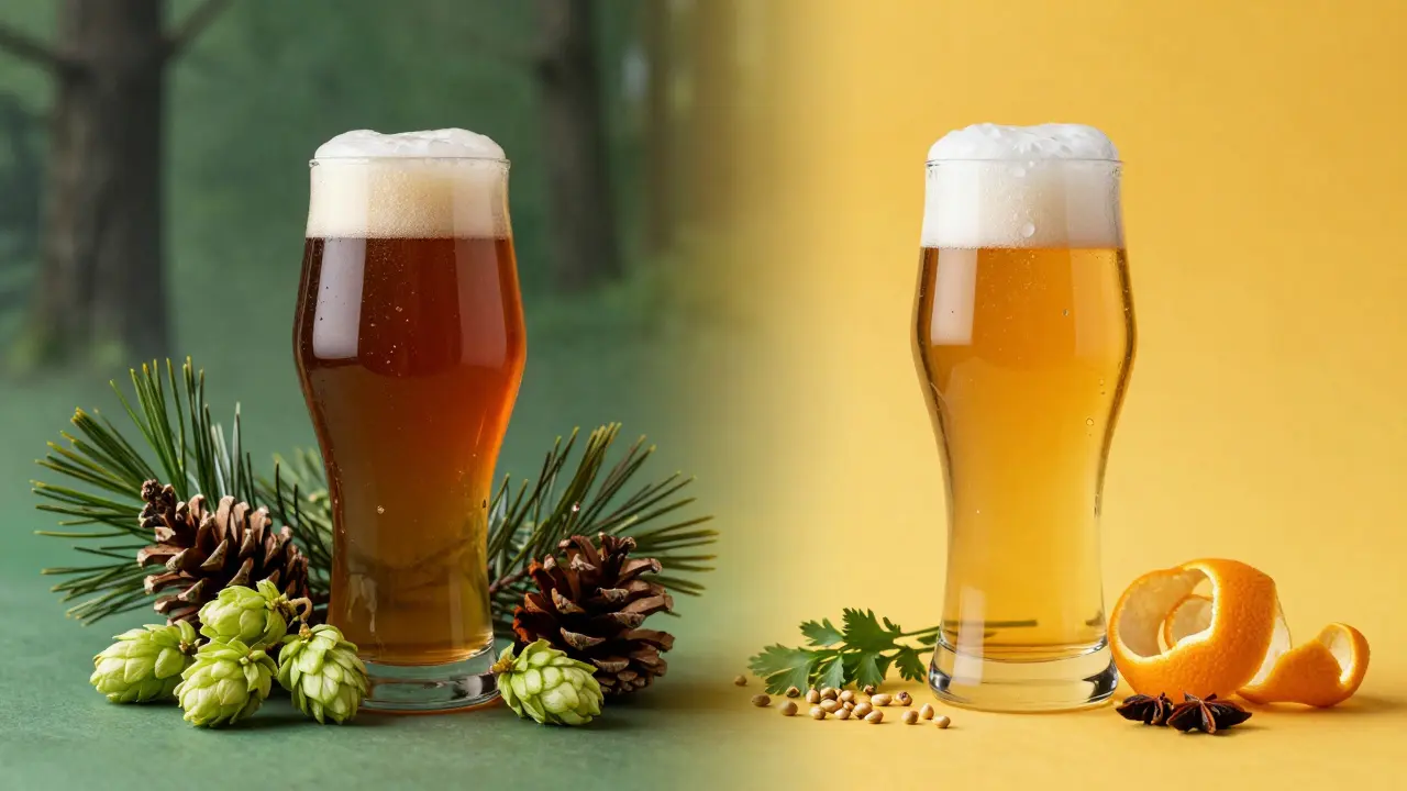 Konceptuální srovnání hořké IPA s citrusovým pšeničným pivem.